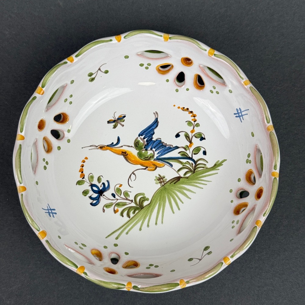 Serraille a Moustiers Small Reticulated Bowl Bird Floral HAND‎ PAINTED 5.5"